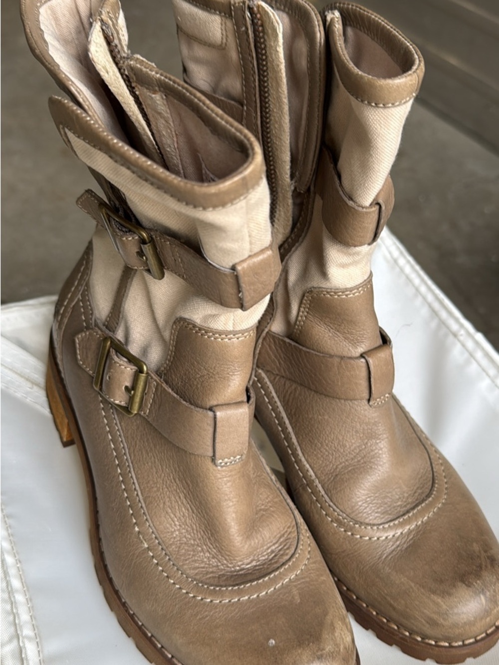 Timberland Tan and Cream Mid-Calf Leather and canvas Buckle Combat Boots